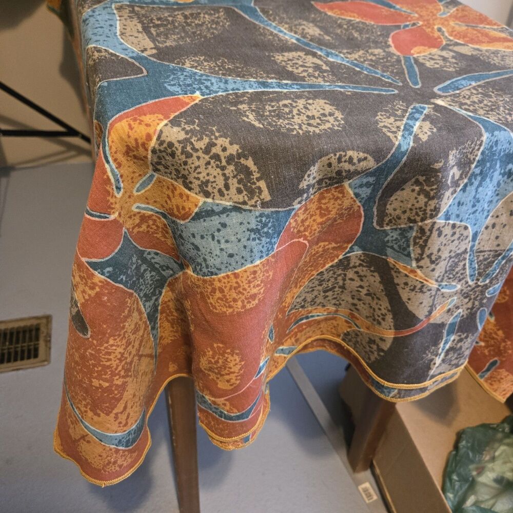 Long Botanical Oval Tablecloth, Orange Blue 72 X 50